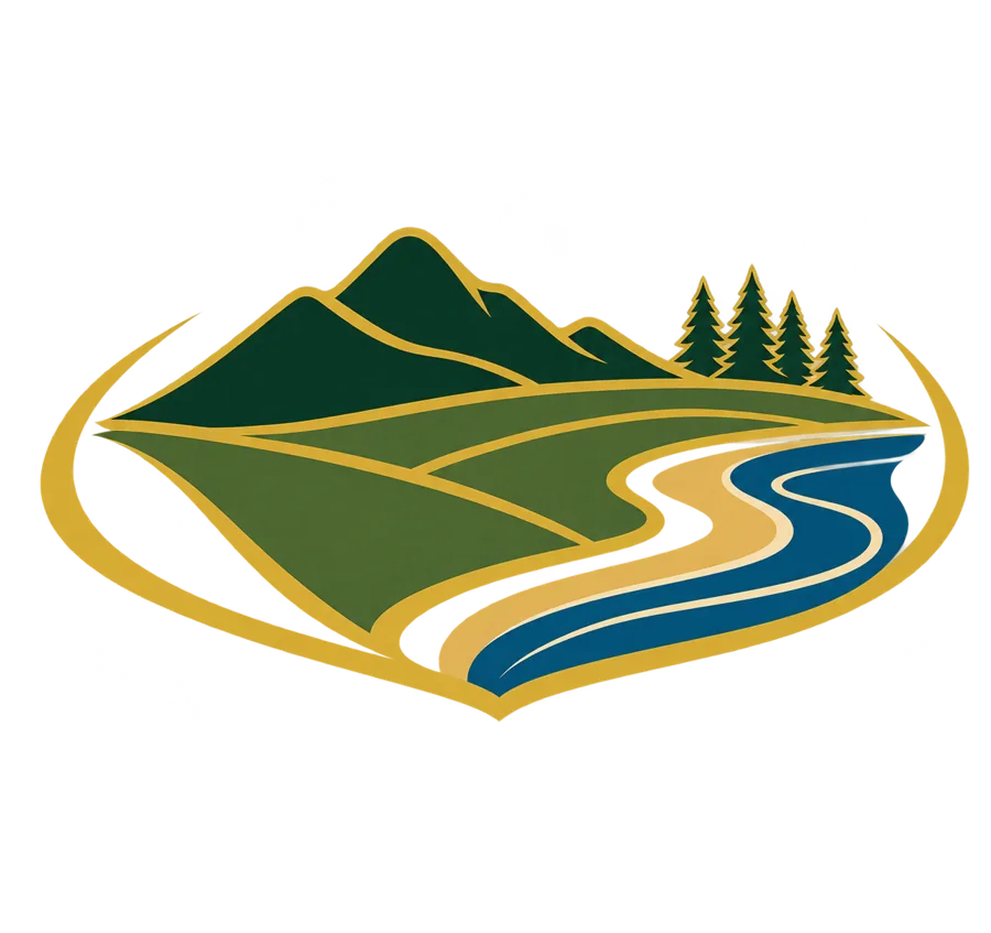 Illustration of North Carolina mountains, farmland and coast in a gold frame: the land Buy Sell Land NC LLC buys statewide